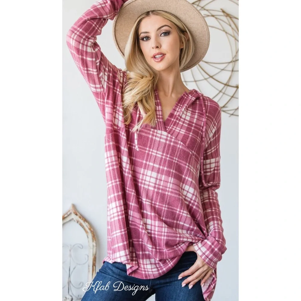 ❤️LAST 1! V Neck Soft Check Print Relaxed Fit Hoodie! - Picture 2 of 8